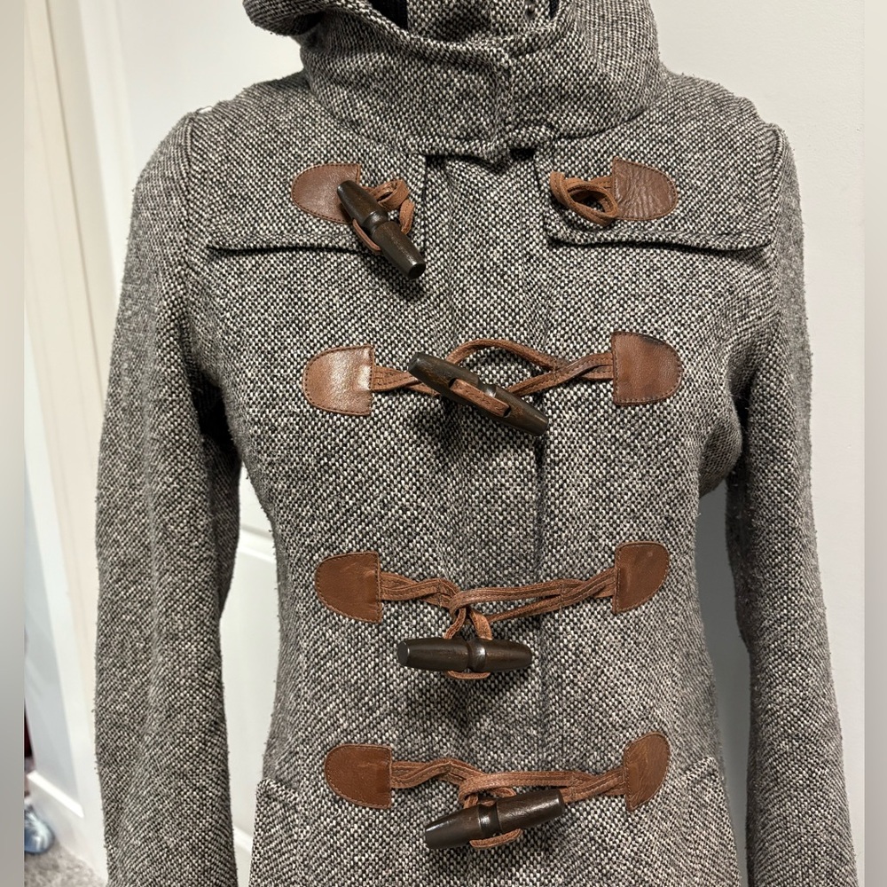 Roots Grey Herringbone Tweed Leather Toggle Coat- S